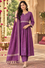Handloom cotton katha detailing full suit set in purple