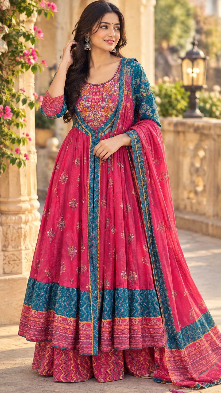 Premium Mul cotton layered gown in pink n blue with dupatta