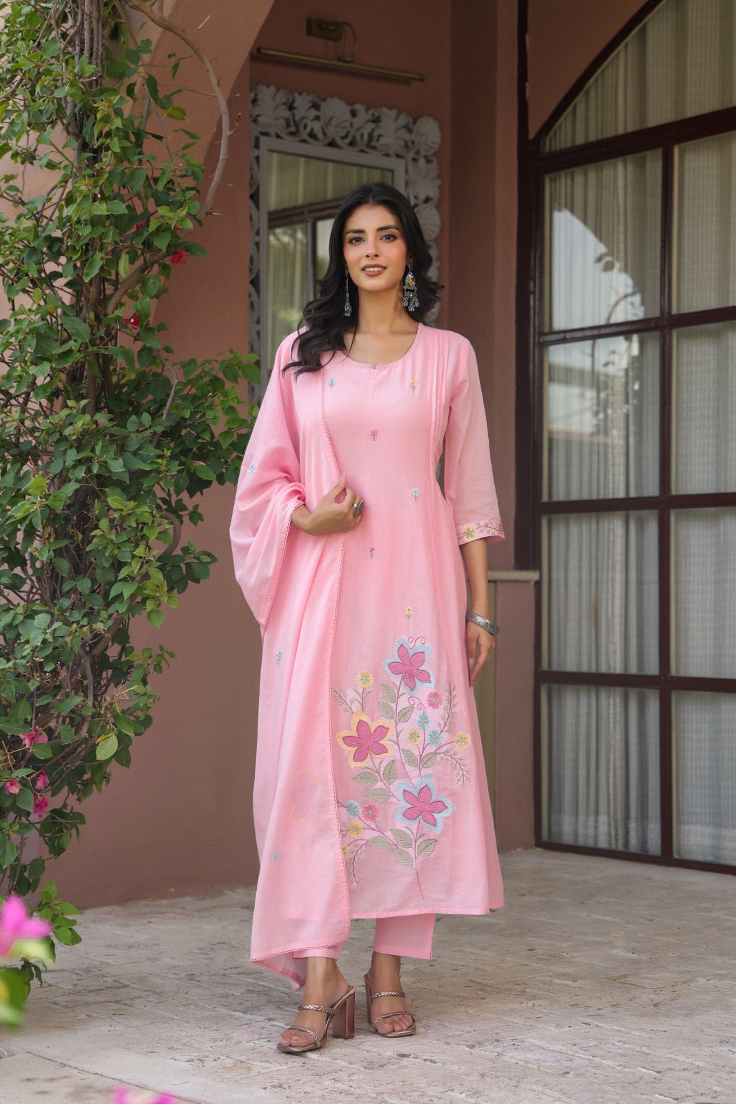 Pure Mul cotton embroidered full suit set in pink