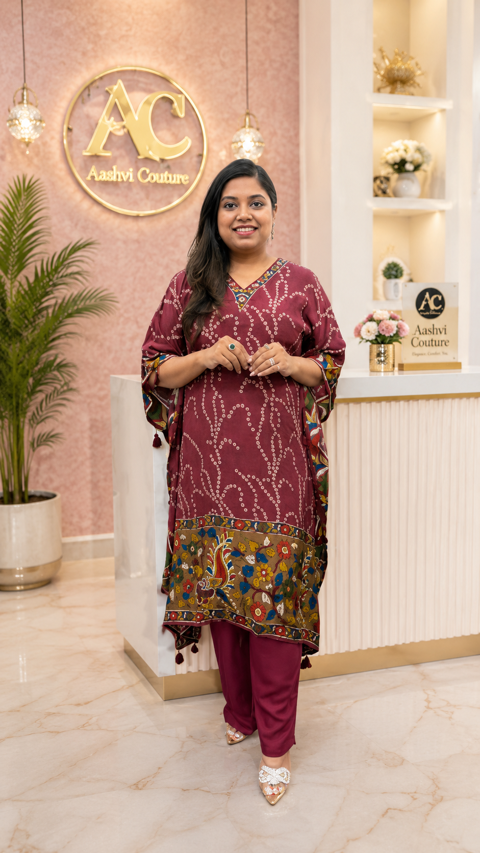 Premium pure crepe bandhani Kalamkari kaftan