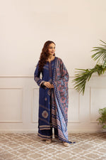 Heavy German rayon suit set paired with kalamkari dupatta in blue fully embroidered