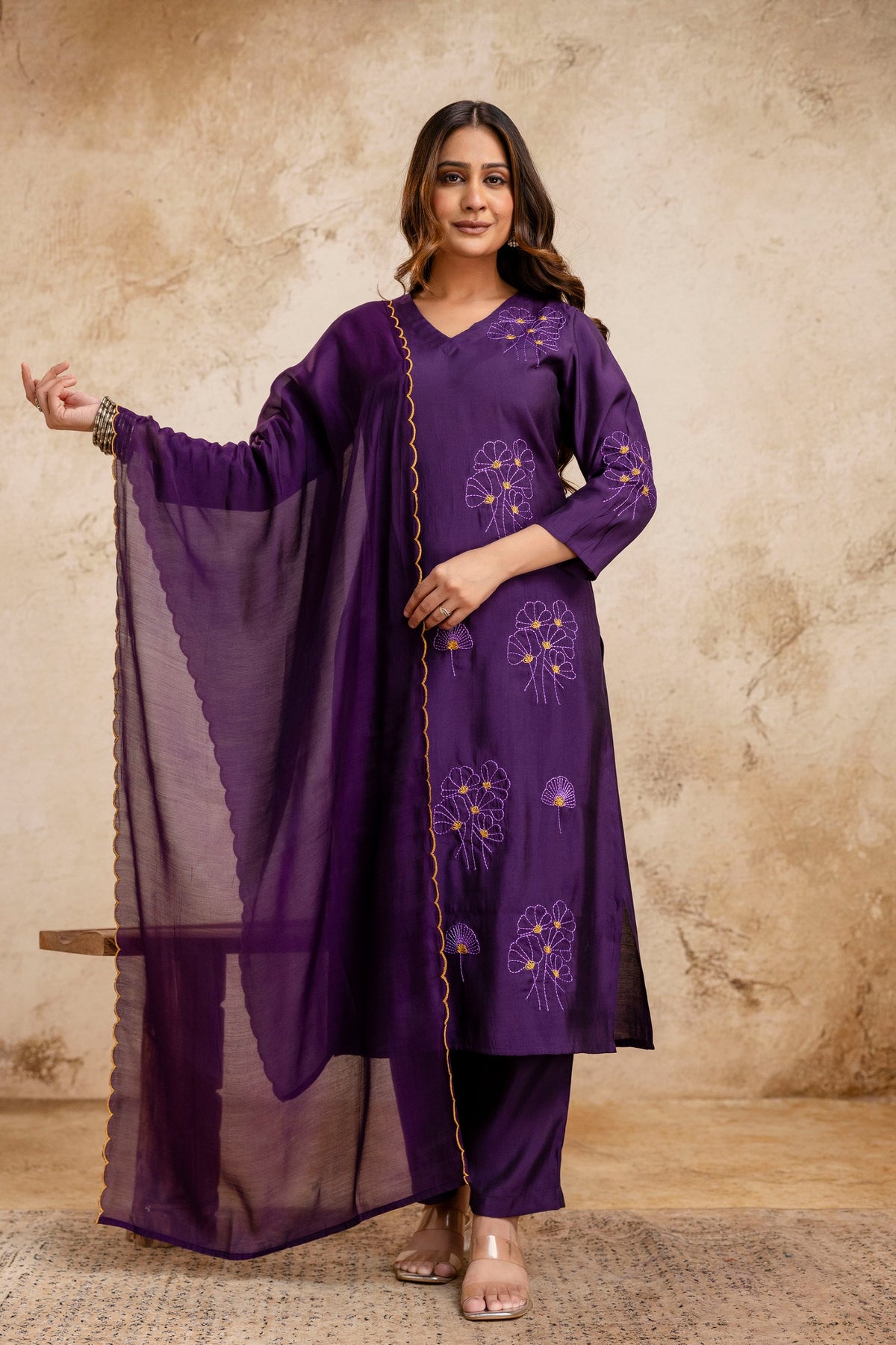 Pretty bemberg muslin embroidered suit in purple