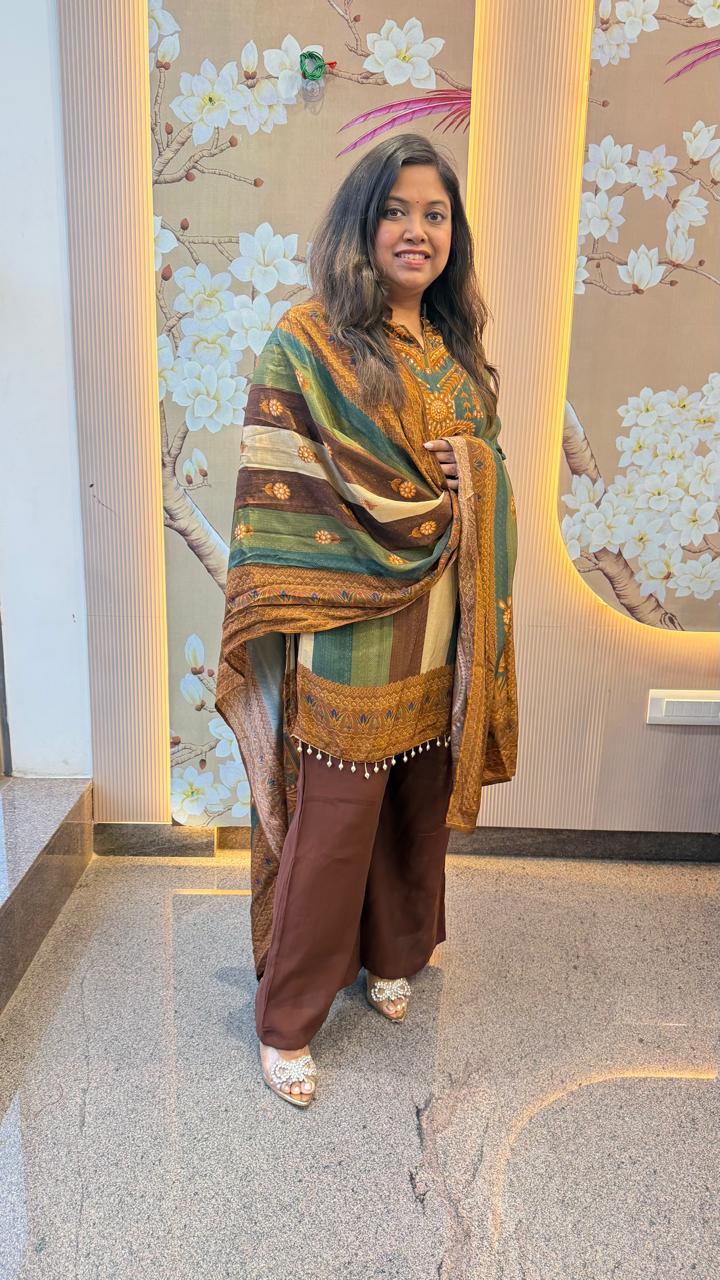 Pure crepe digital printed paired with plazzo pant suit set