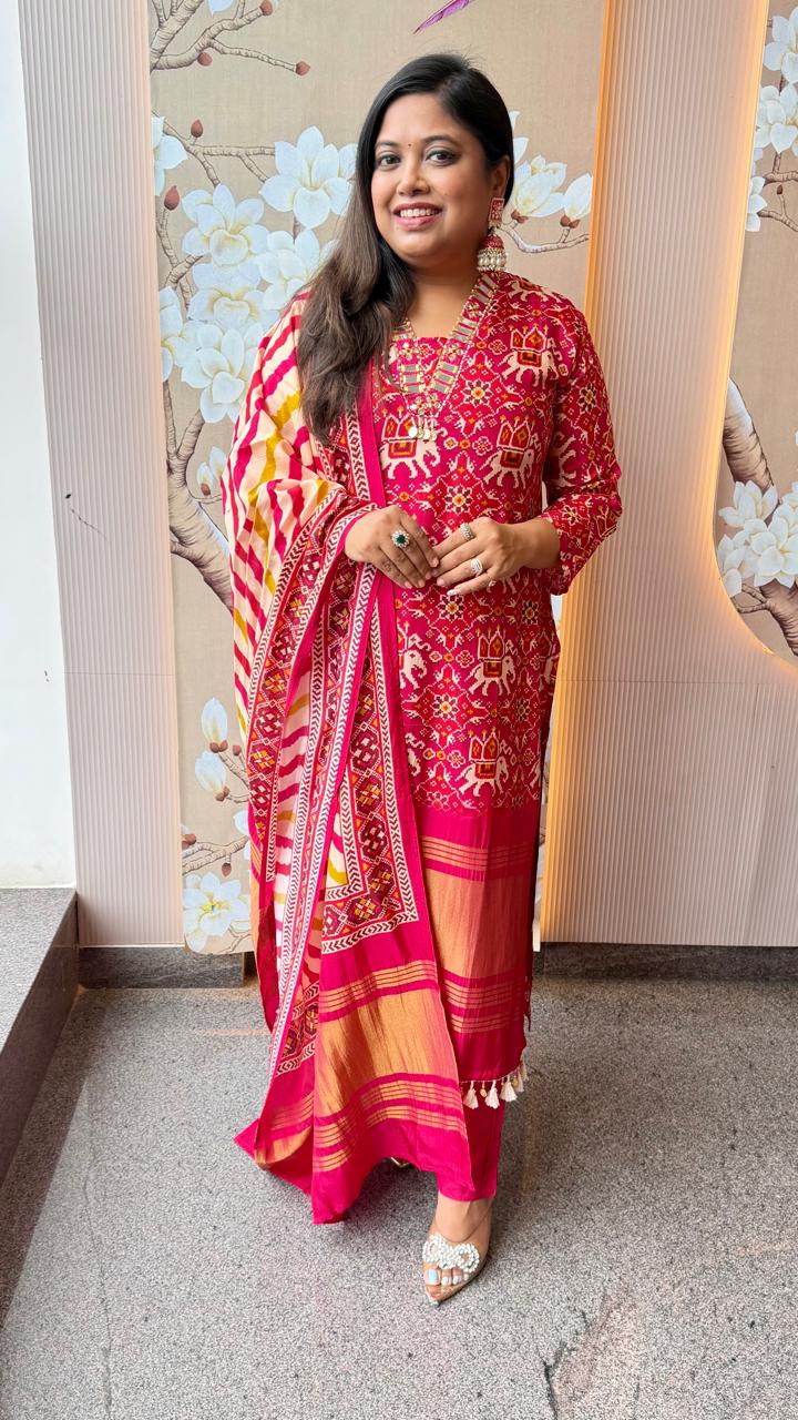 Pretty Russian silk real mirror Patola suit set in rani pink