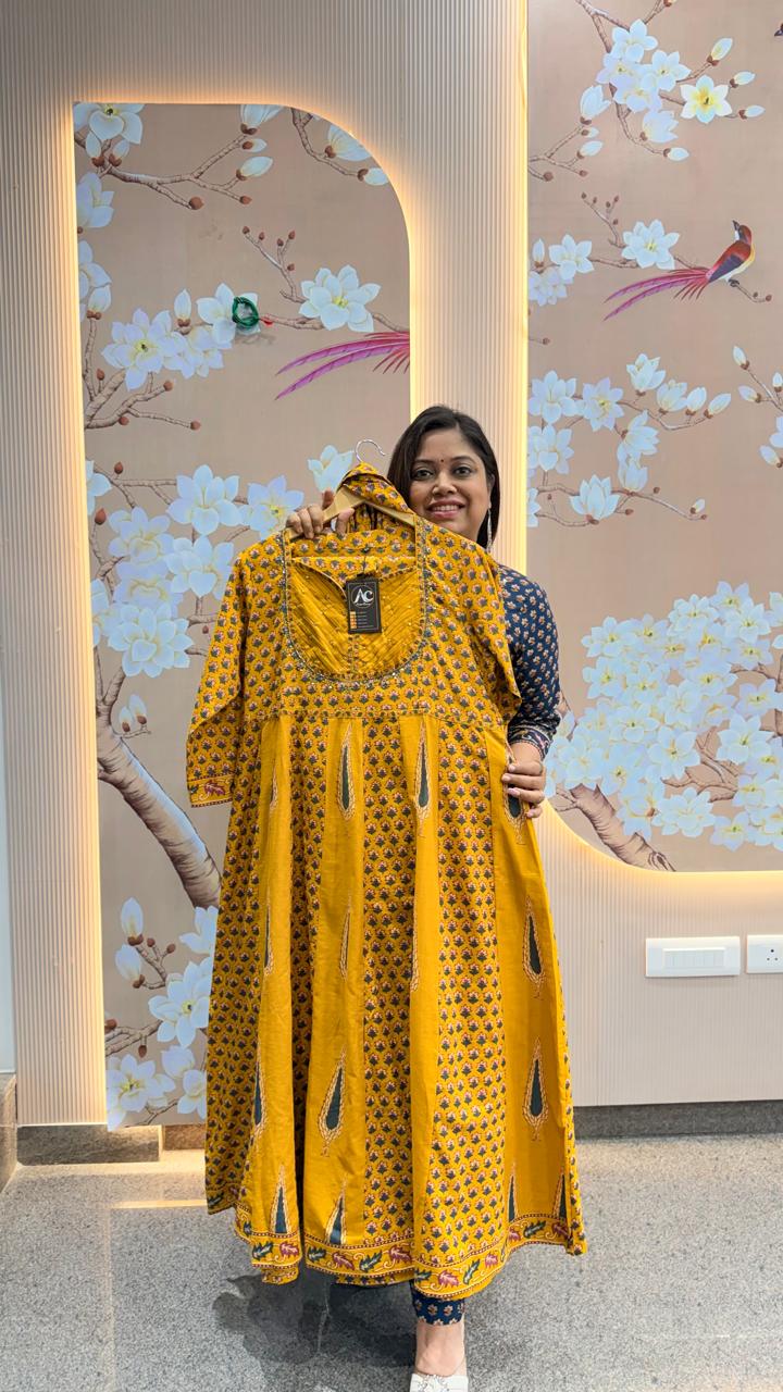 Pure cotton designer Anarkali suit set in yellow