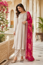 Premium chinon full sequins detailing Anarkali suit set paired with weaved banarsai dupatta in cream