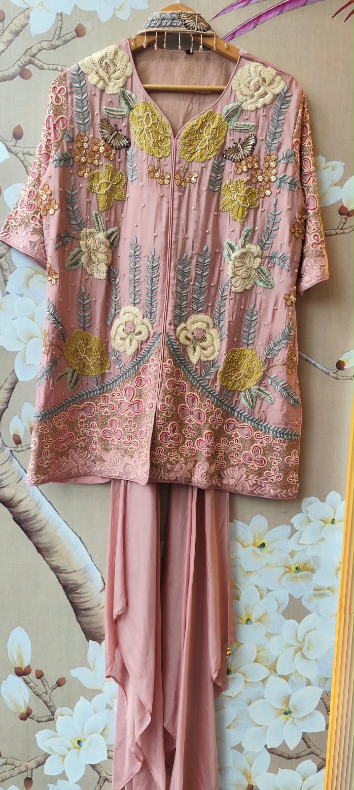 Premium chinon heavy hand embroidery necklace dupatta set with wide plazzo
