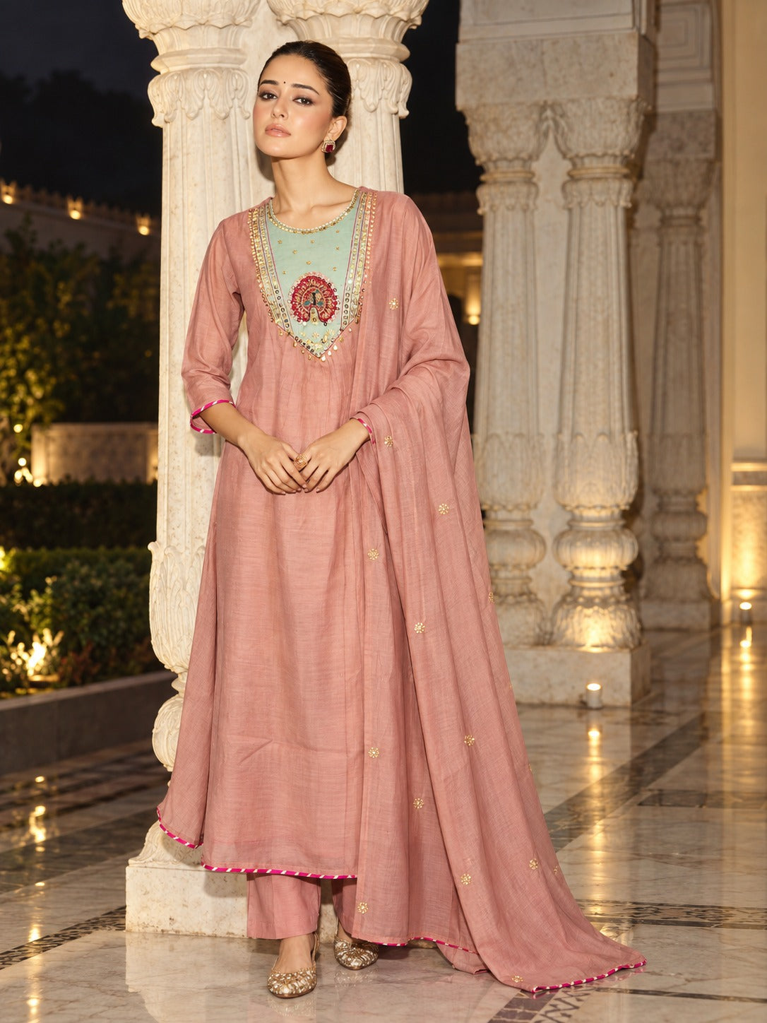 Premium Mul chanderi lining suit set with contrast yoke in pink