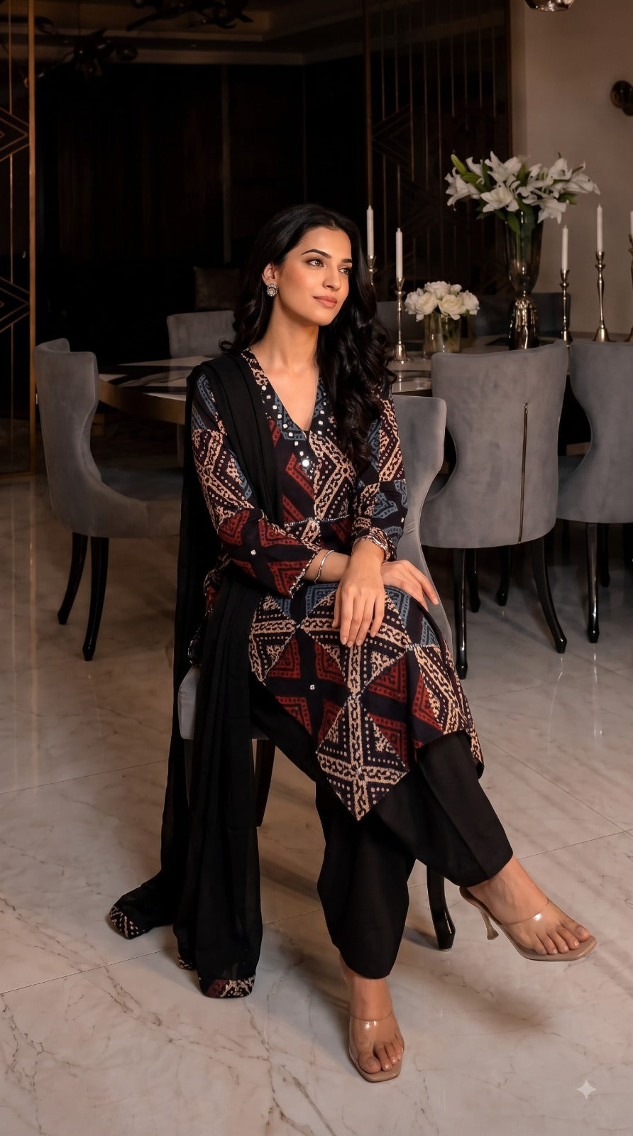 Super pretty real mirror detailing farshi salwar suit set in black