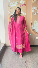 Pure Banarasi handcrafted mulchanderi layered gown with dupatta in Rani pink
