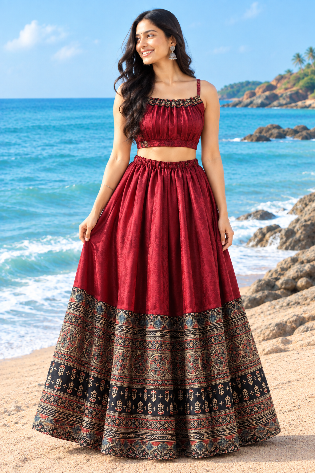 Gaji silk real mirror Kalamkari skirt in red