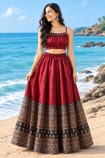 Gaji silk real mirror Kalamkari skirt in red