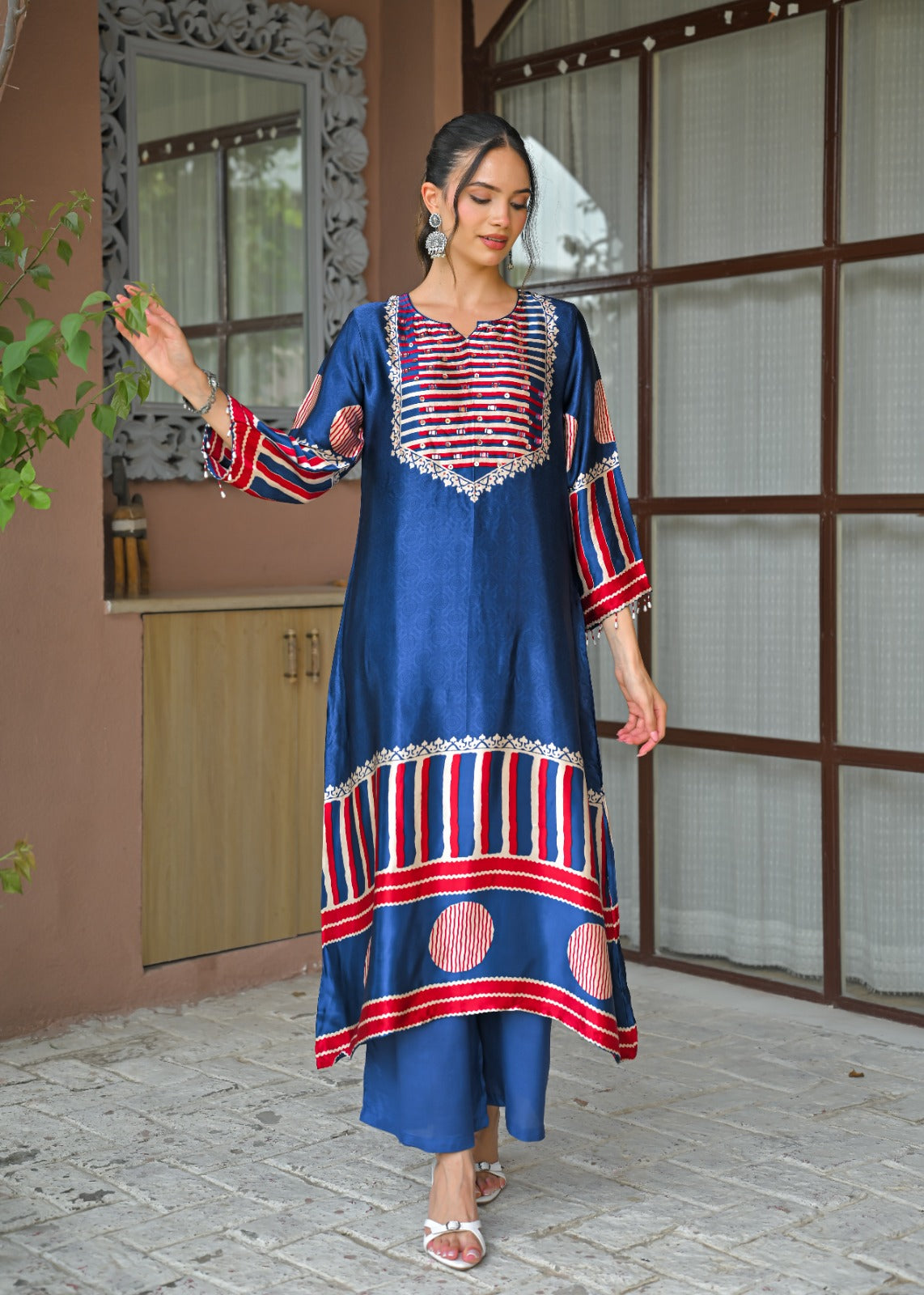 Premium gaji silk kurta pant in blue with coin detailing