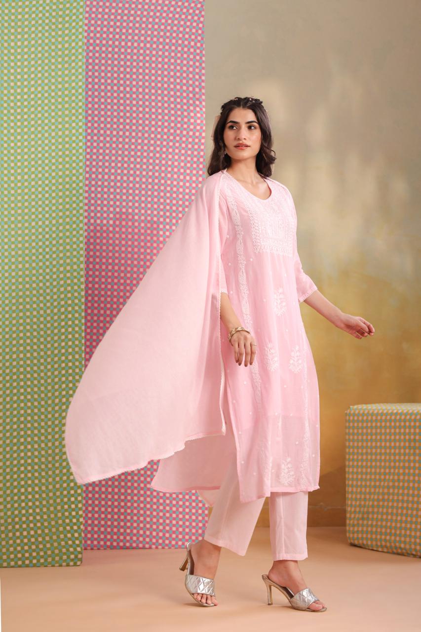 Super soft Mul cotton chikankari suit set with lining in pink
