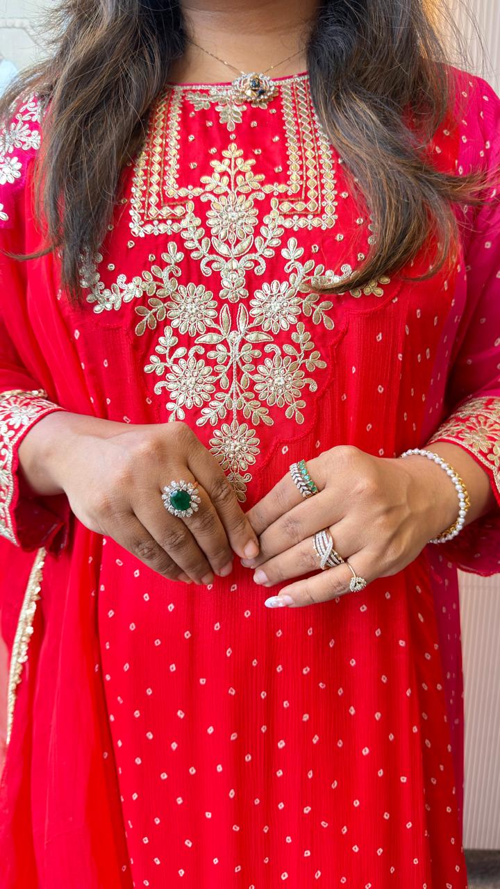 Super pretty premium chinon red n orange bandhani full suit set with gotta detailing