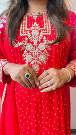 Super pretty premium chinon red n orange bandhani full suit set with gotta detailing