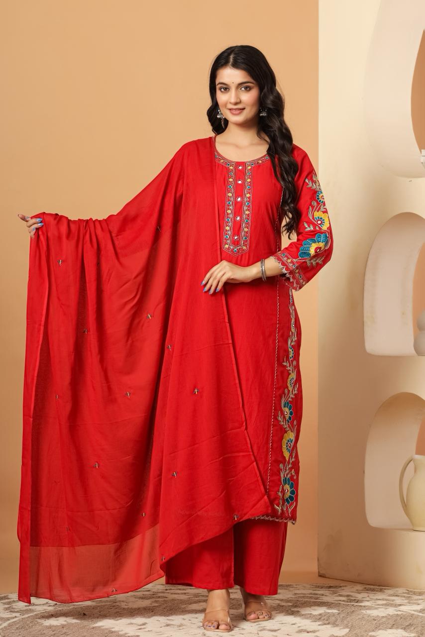 Pure cotton appliqué and zari embroidery suit set in red