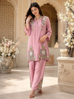 Premium chinon hand work Co ord in pink
