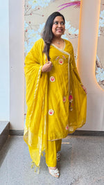 Premium Mul chanderi angrakha pattern gotta detailing suit set in yellow