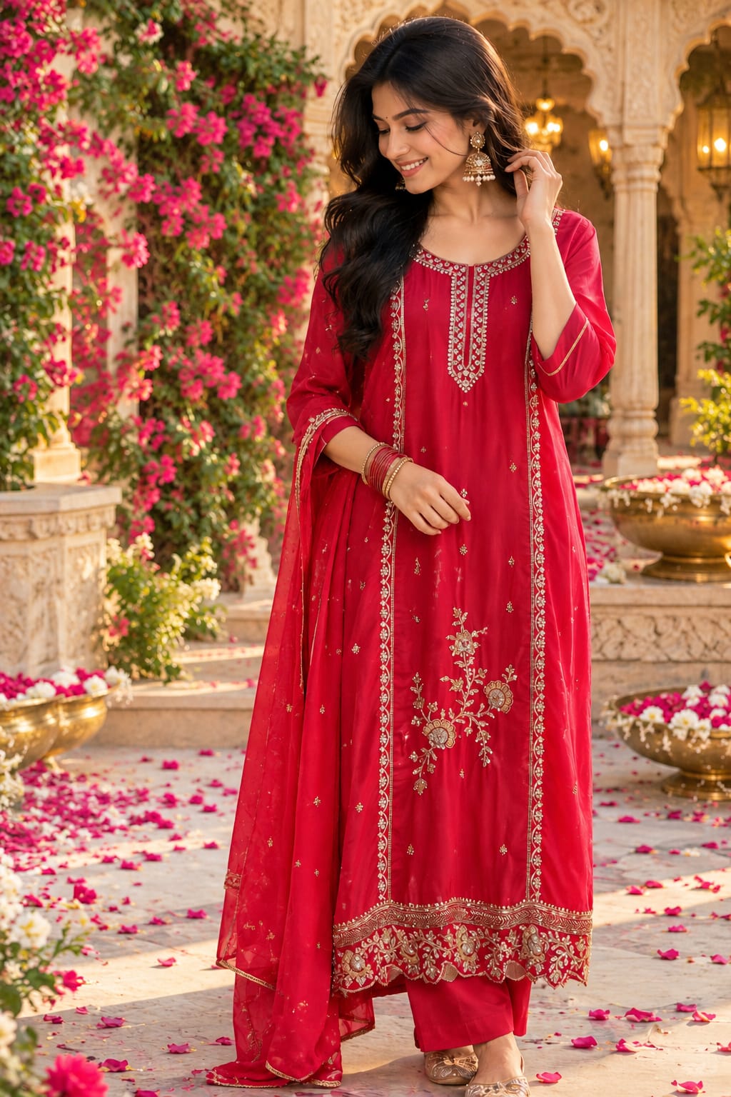 Super pretty handwork chinon suit set in red