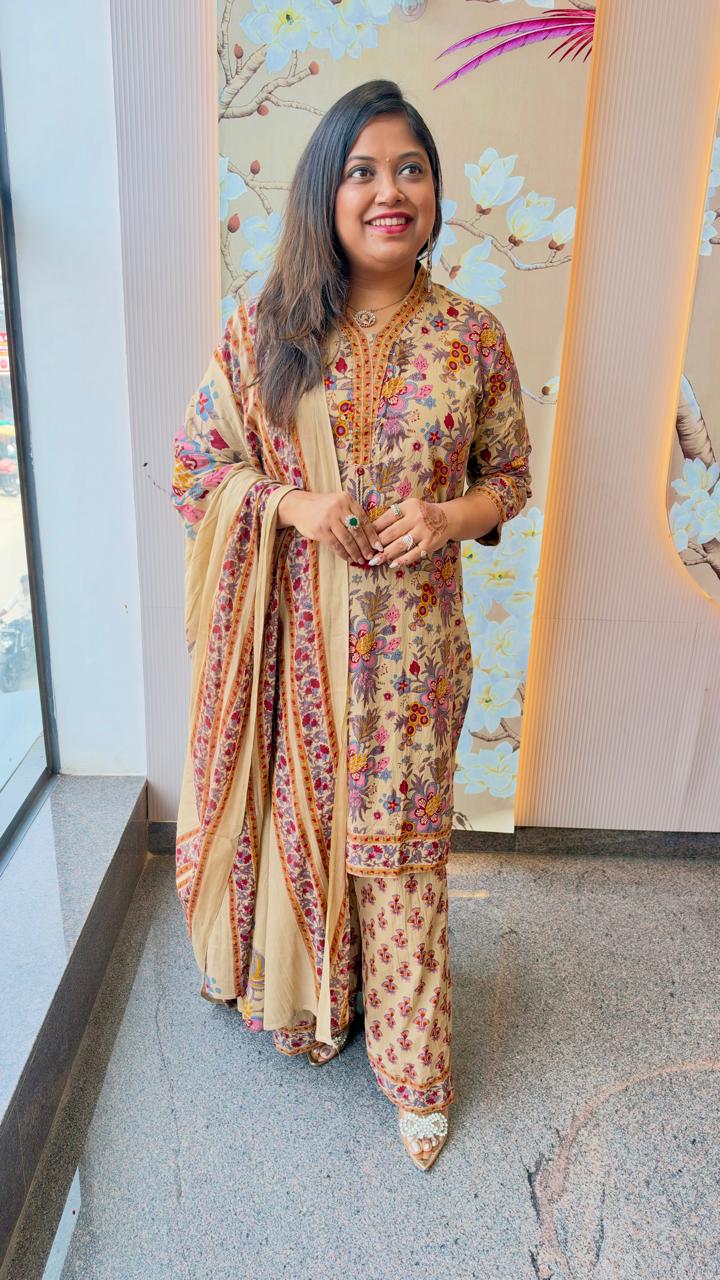 Pure cotton Kalamkari plazzo suit set in beige