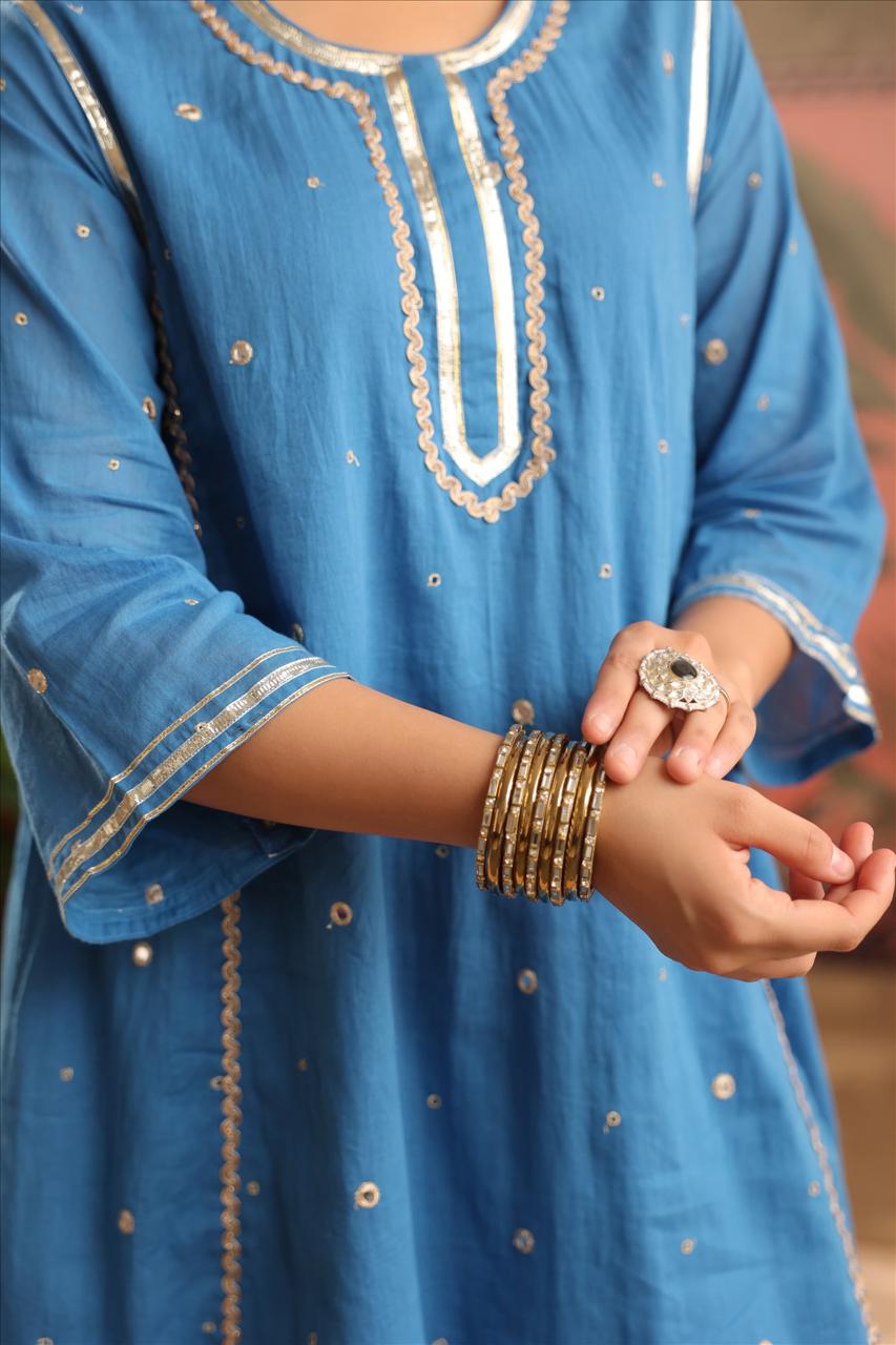 Mul cotton with lining all over foil mirror work Co ord in blue in blue