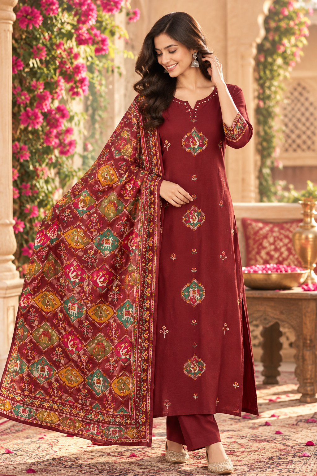 Pure crepe Patola print in contrast suit set in red