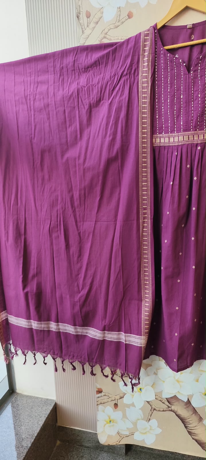 Handloom cotton katha detailing full suit set in purple