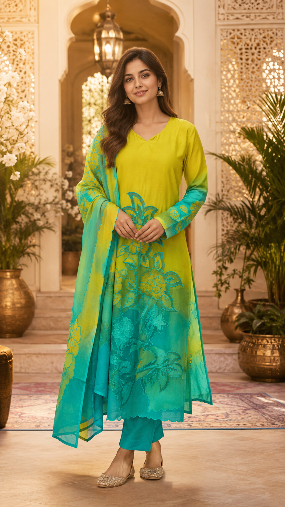 Restocked! Mul silk lining suit set ombré with applique (slim fit) in blue n yellow! Dispatch after 30 days!