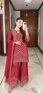 Premium chinon real mirror detailing digital printed sharara suit set