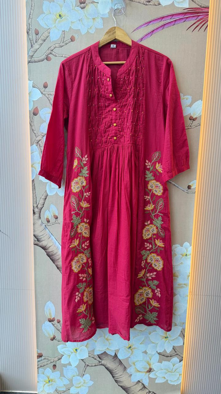 Smart cotton embroidered pintex detailing suit set in pink