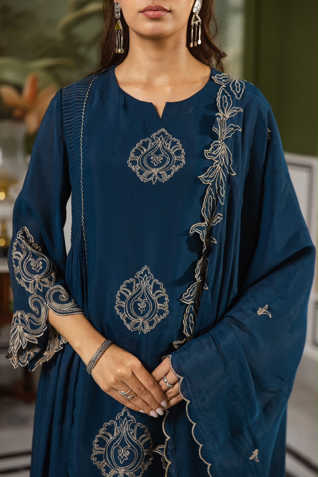 Brown Mul chanderi applique embroidered suit set in blue