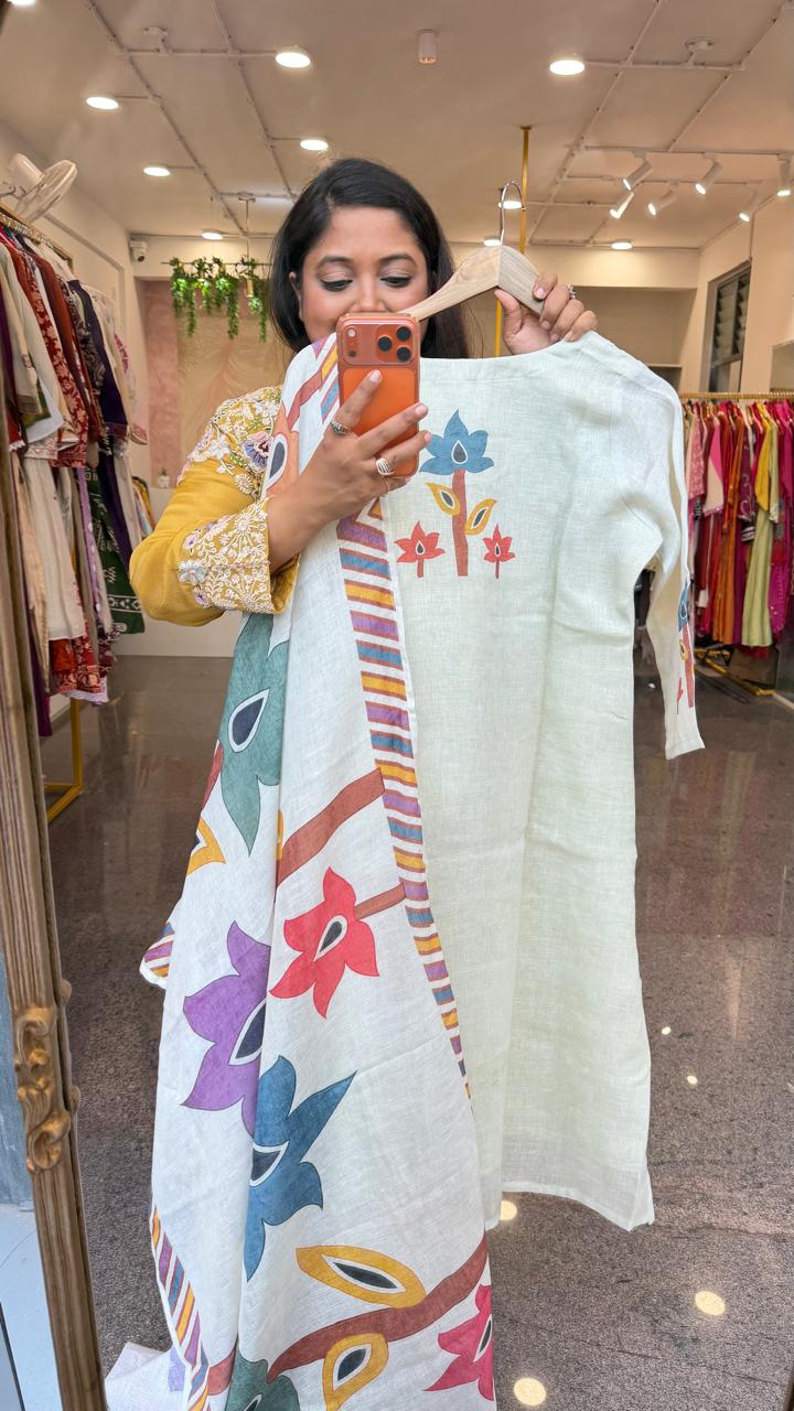 Linen cotton front n back printed with katha detailing suit set