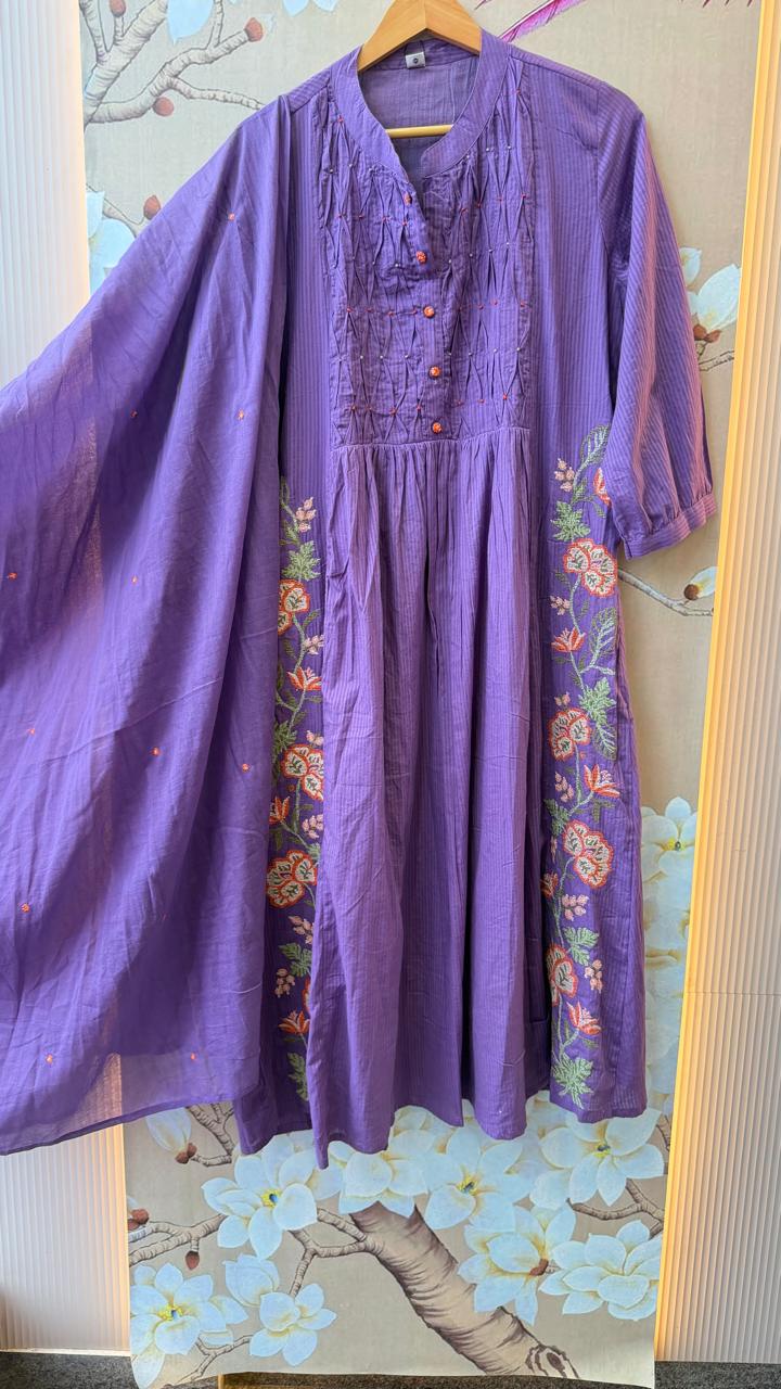 Smart cotton embroidered pintex detailing suit set in purple