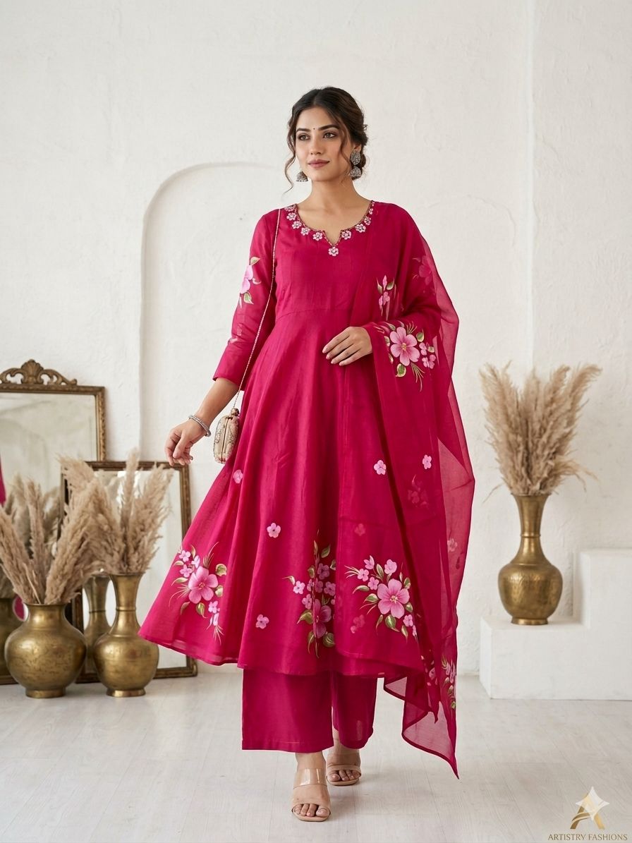Pretty Mul chanderi brush painted Anarkali suit set