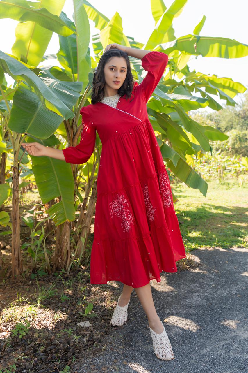 Premium handloom Mul cotton fully embroidered dress in red