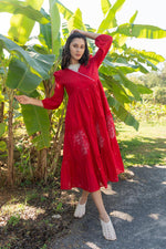Premium handloom Mul cotton fully embroidered dress in red