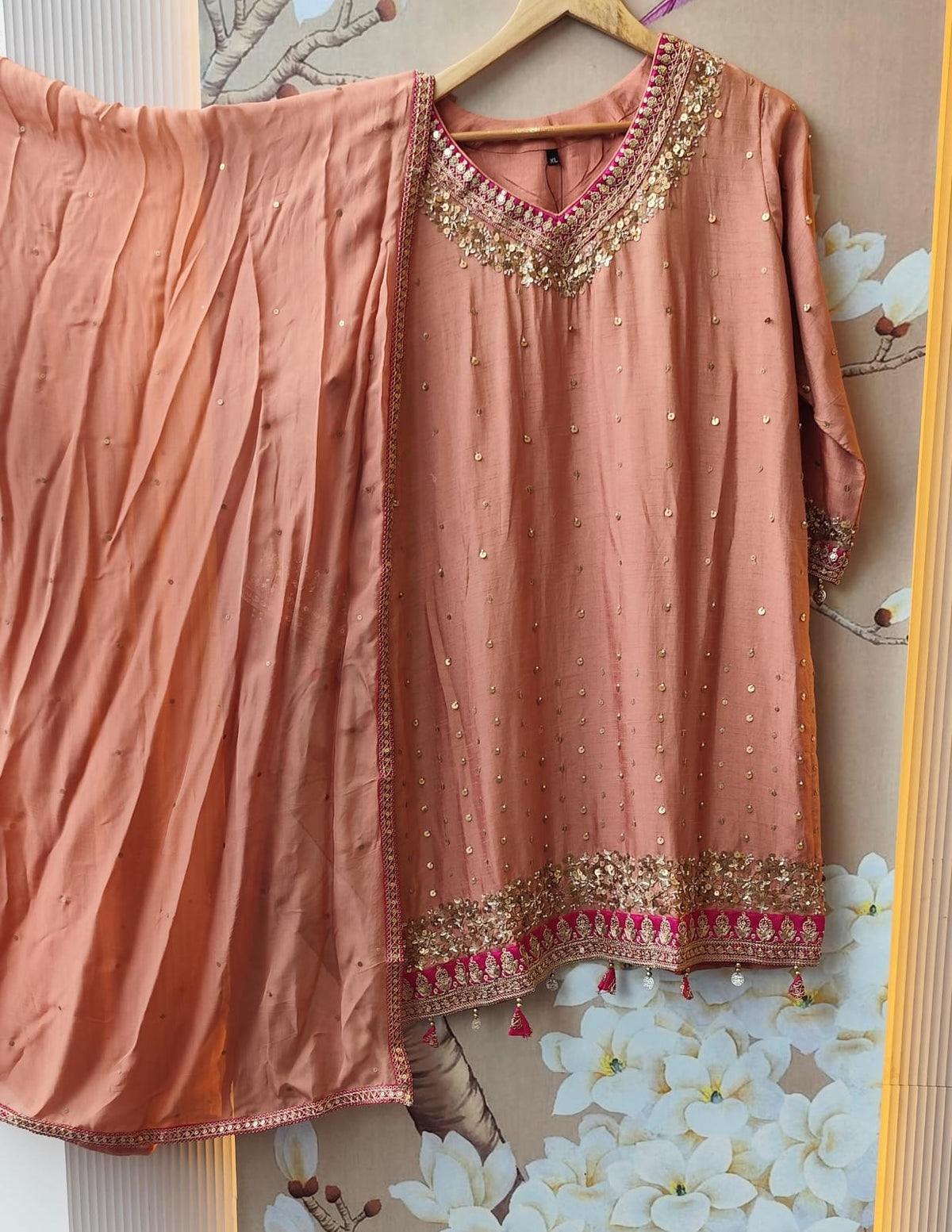 Russian silk full sequins peach suit with rani pink highlight