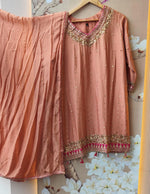 Russian silk full sequins peach suit with rani pink highlight