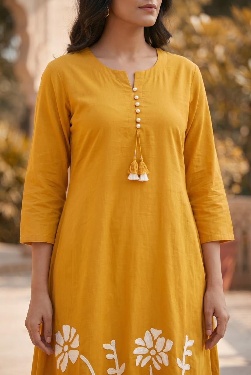 Premium cotton embroidered suit set in yellow