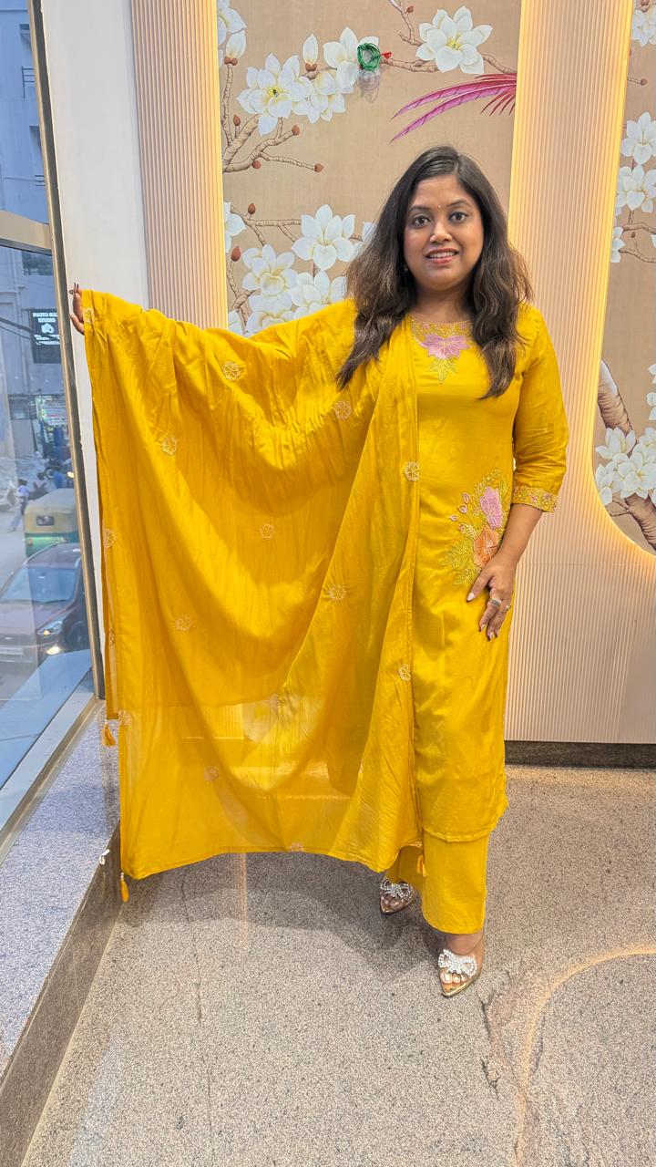 Wow cotton chanderi fully embroidered with pocket suit set in yellow