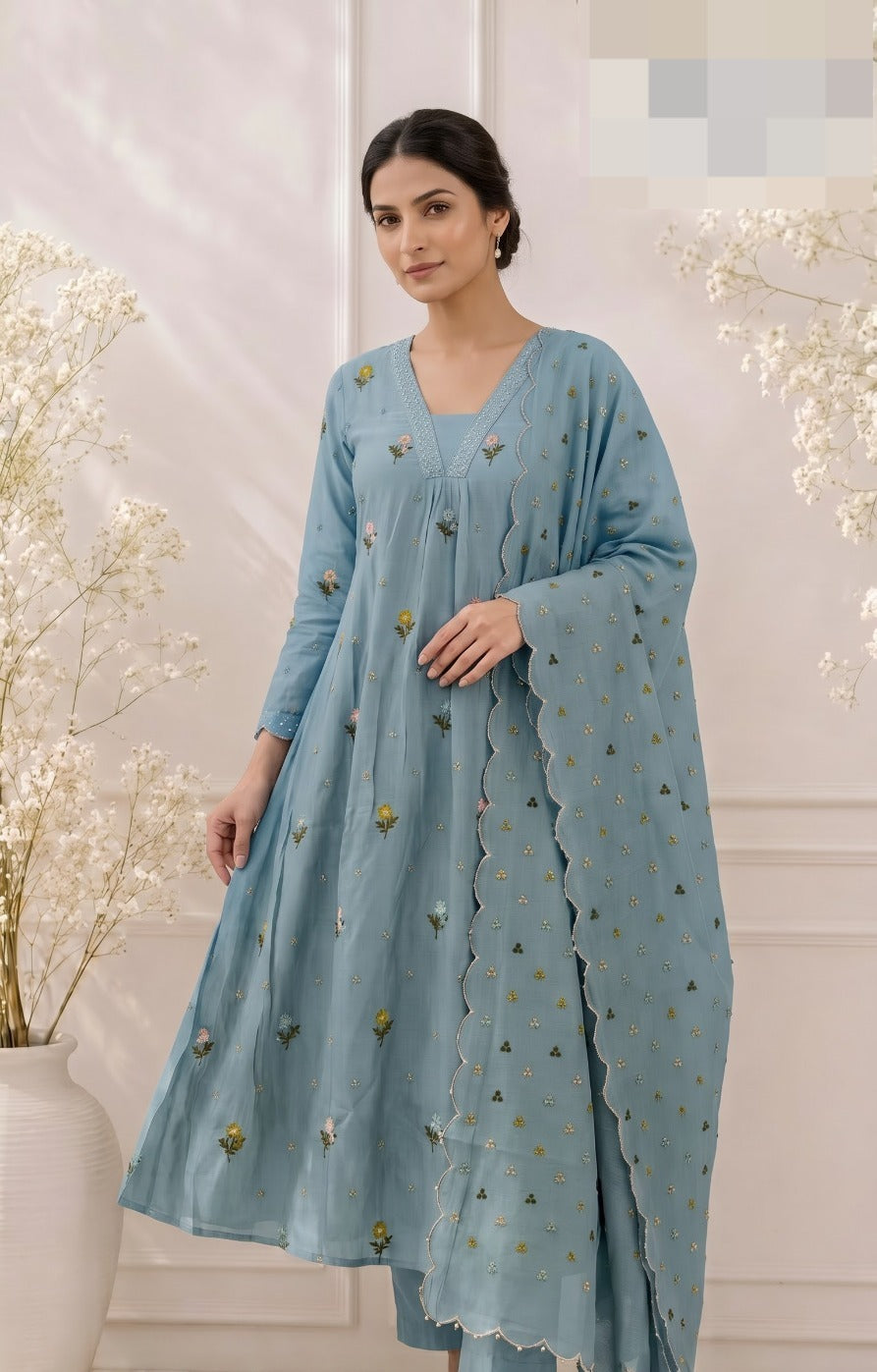 Mul chanderi with lining fully embroidered in blue