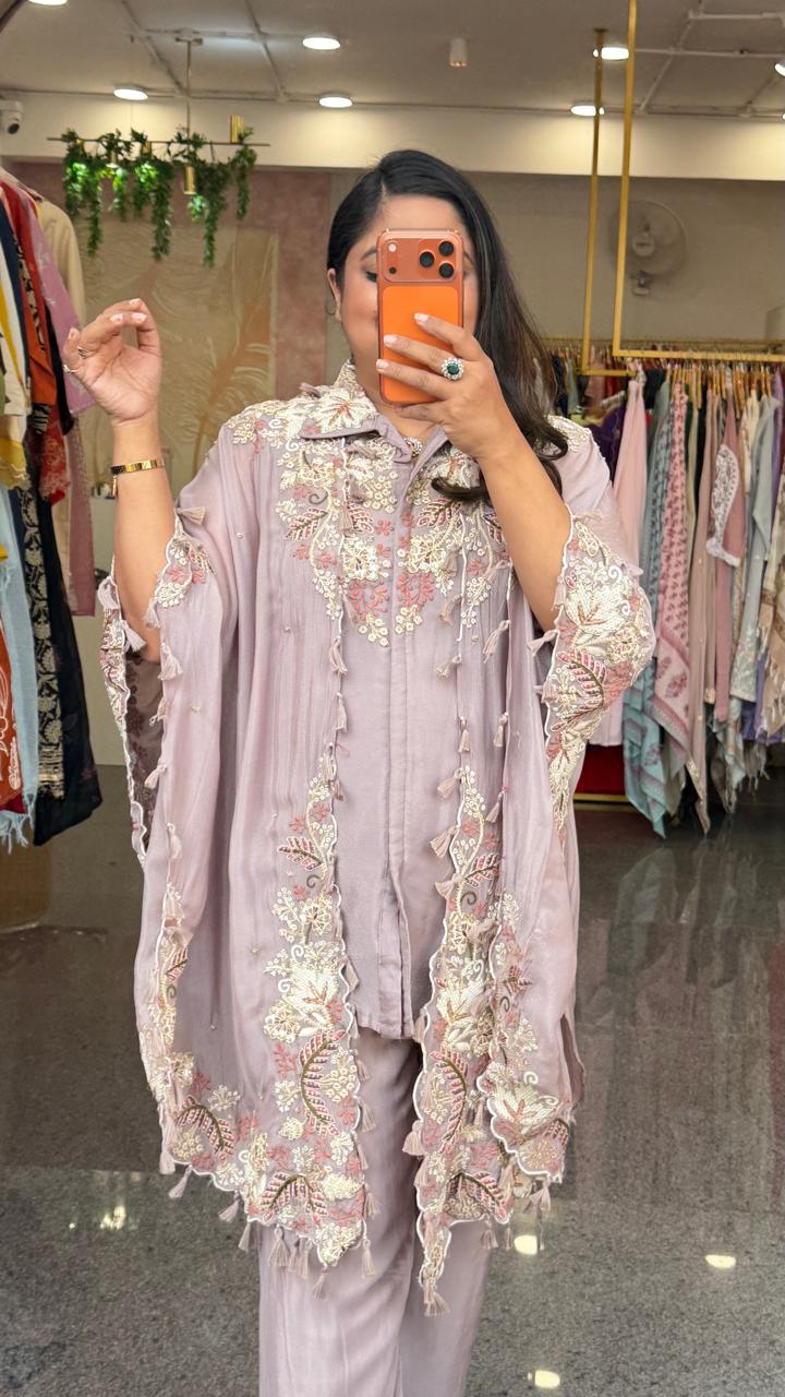 Heavy chinon with premium handwork co ord paired with a pretty pretty cape in lilac