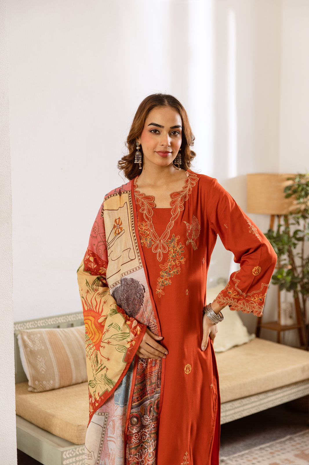 Restocked heavy rayon designer co ord in orange