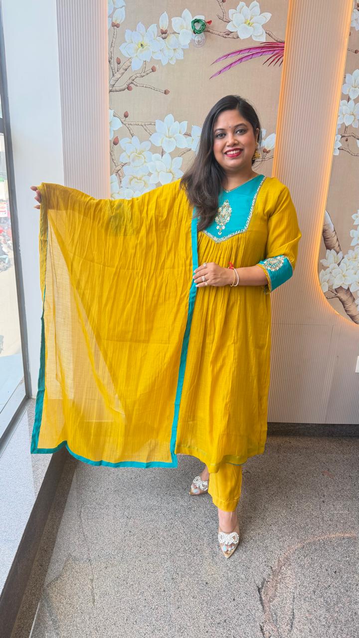 Premium Mul chanderi yellow n blue with handwork detailing