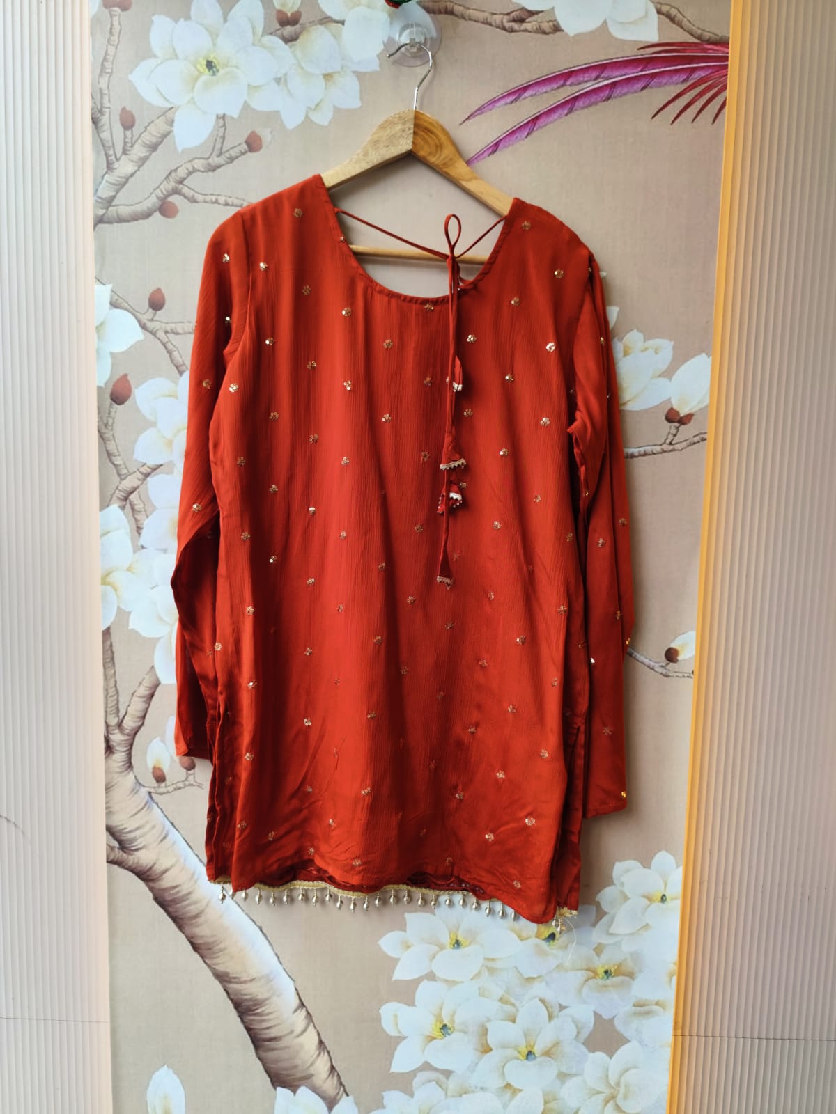 Premium chinon heavy handwork sequins and mirror work full suit in orange