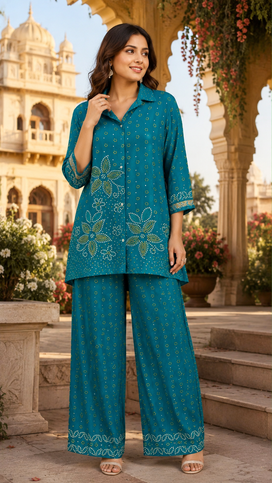 Pretty crepe bandhani co ord in blue
