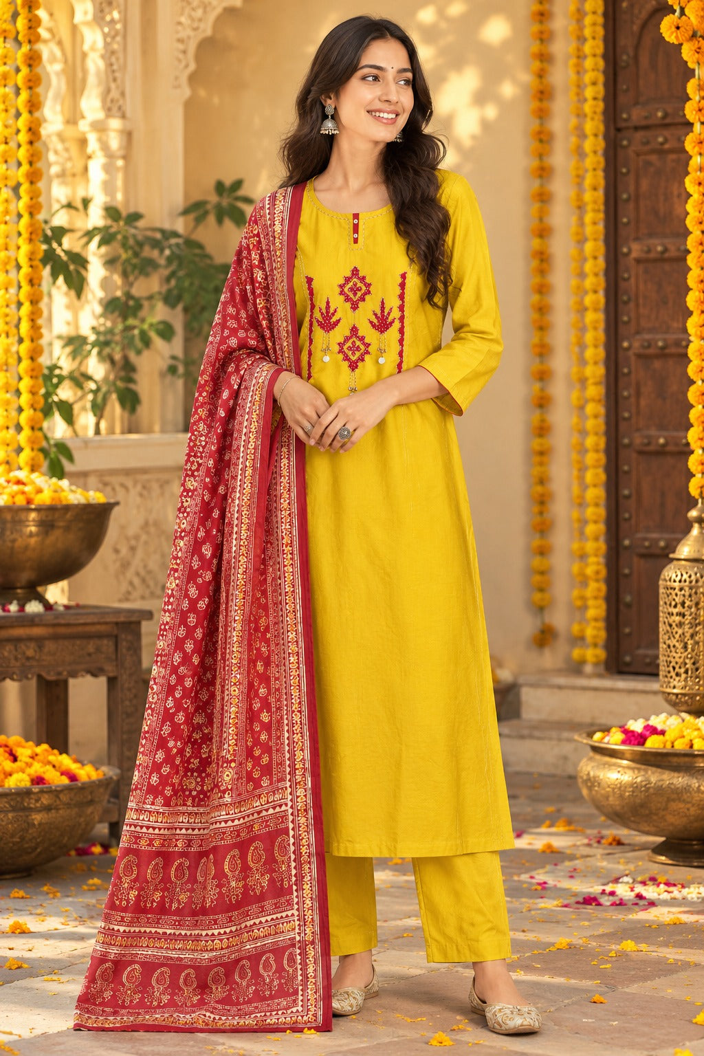 Premium cotton applique suit set in red n yellow