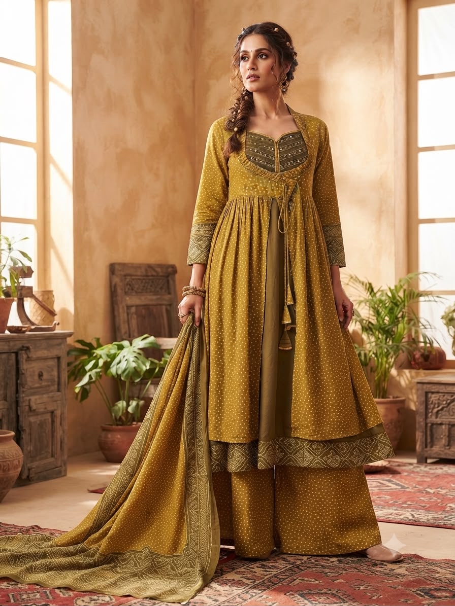 Premium cotton layered angrakha Anarkali suit set in green