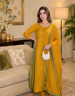 Premium pure Banarasi mul chanderi with lining and bead work in yellow